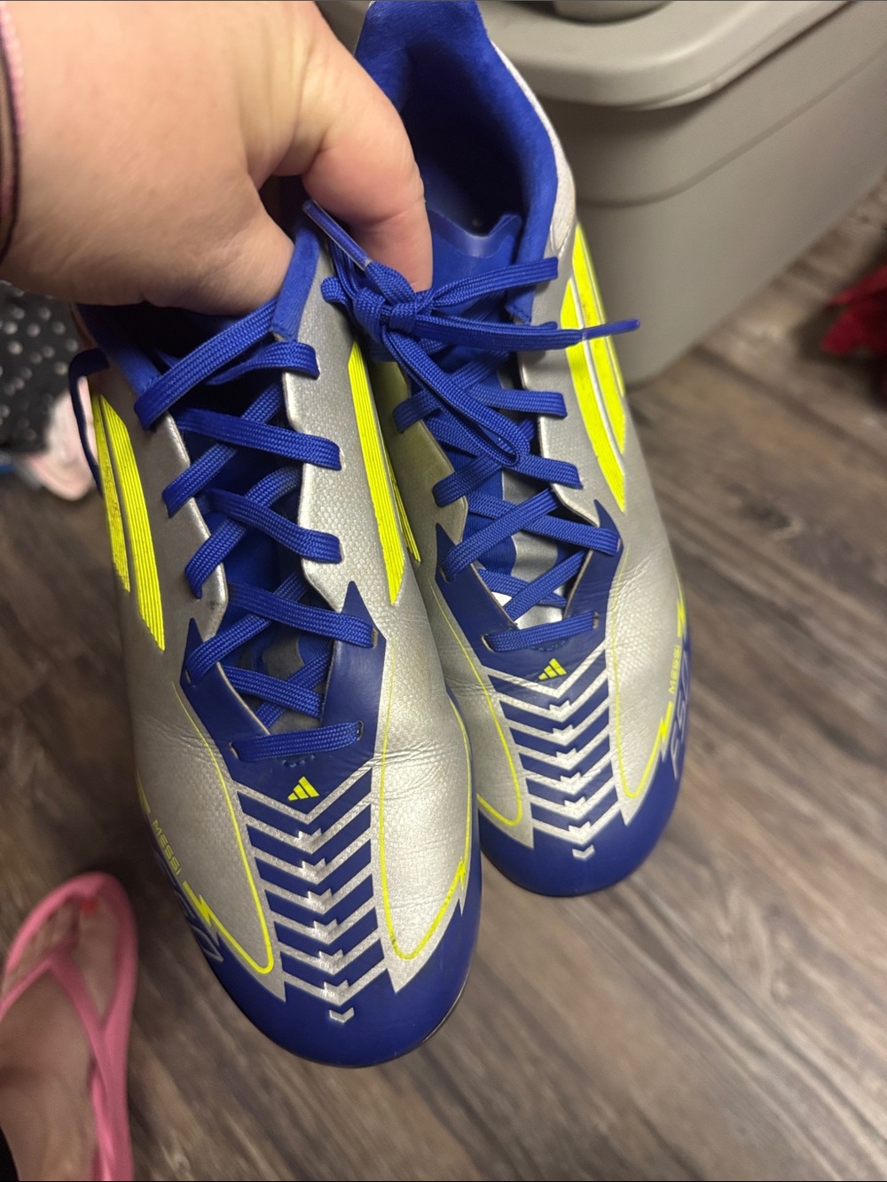 adidas Messi Silver and Blue Kids Soccer Cleats with Yellow Accents - Picture 3 of 3